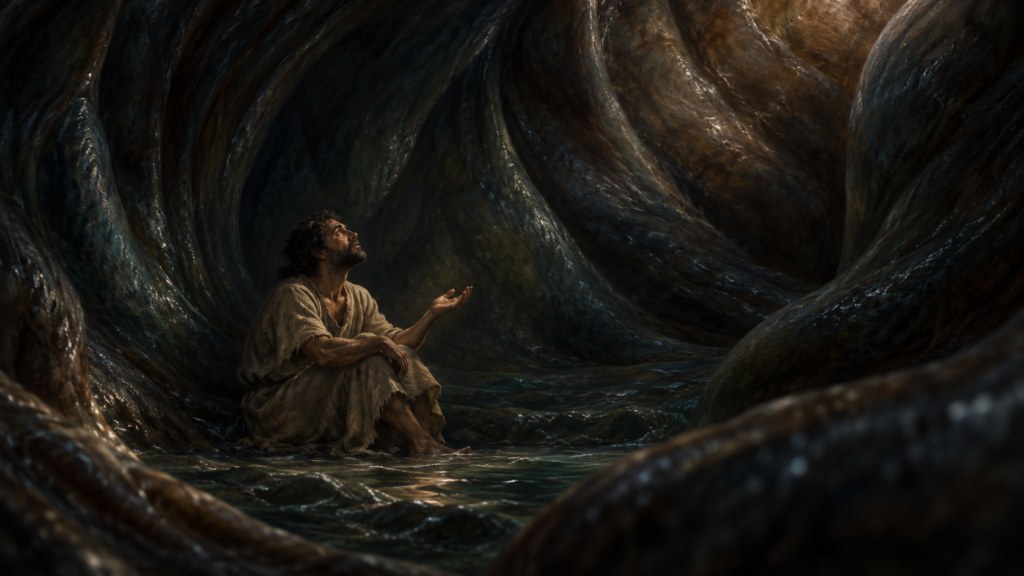 A bearded man in torn pale robes sits in shallow water inside a vast dark chamber of wet ribbed walls, looking upward with one hand open and raised