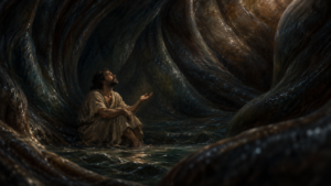 A bearded man in torn pale robes sits in shallow water inside a vast dark chamber of wet ribbed walls, looking upward with one hand open and raised