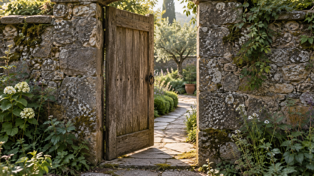 A weathered wooden gate stands half open in an old stone wall, showing a sunlit flagstone path leading into a garden with an olive tree