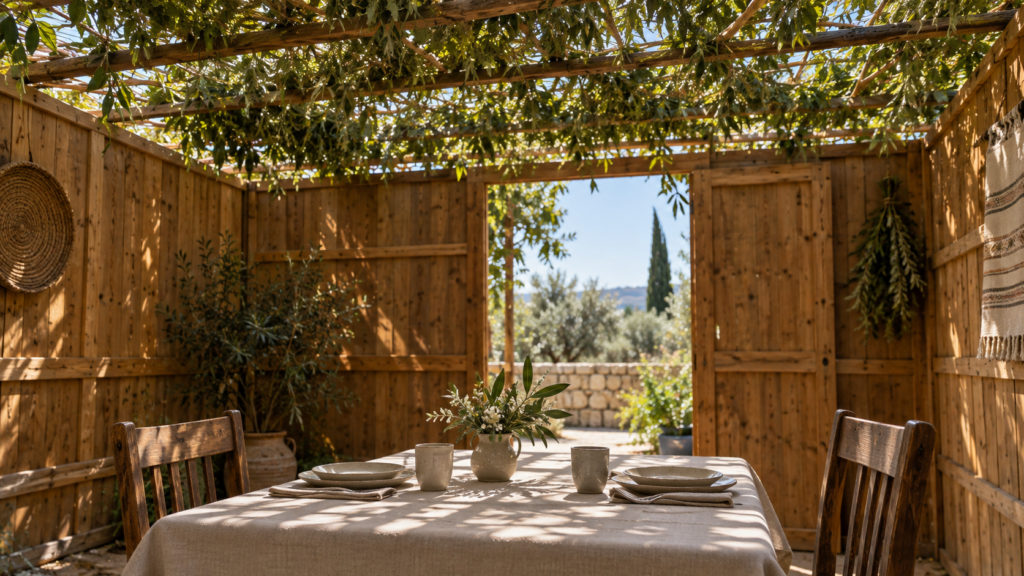 A table set for two inside a sukkah with plank walls, green branches overhead casting dappled light, and an open doorway looking out to olive trees and hills