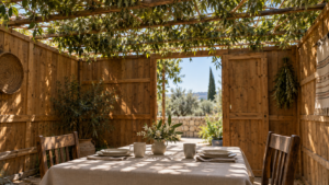 A table set for two inside a sukkah with plank walls, green branches overhead casting dappled light, and an open doorway looking out to olive trees and hills
